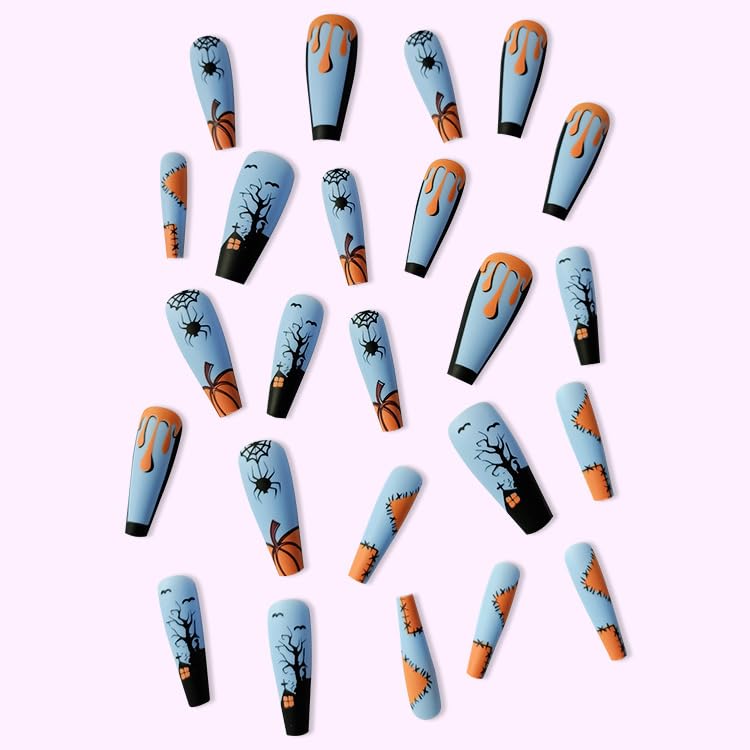 diduikalor Halloween Extra Long Press on Nails Coffin Glue on Nails Nude Blue Fake Nails Spider Web Pumpkin Scary Ghost Haunted House Designs Stick on Nails Acrylic False Nails for Women 24Pcs