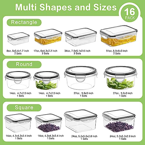 HOMBERKING 32 Pieces Food Storage Containers Set with Snap Lids (16 Lids + 16 Containers), Meal Prep Airtight Plastic Containers, BPA-Free Lunch Containers for Kitchen Organization, Pantry, Home, Black