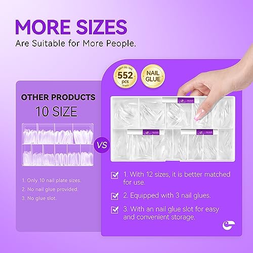 552Pcs Medium Coffin Nail Tips With 3Pcs Nail Glue - Gelike EC Soft Gel X Nail Tip Full Cover Half Matte For Nail Starter Nail Kit With Stronger Nail Glue, Nails Extension Nail Art DIY Gift 12 Sizes