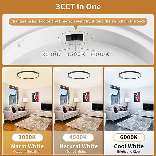 3200LM Flush Mount Ceiling Light Fixtures Black 12Inch, Dimmable LED Ceiling Lights for Bedroom, CCT Adjustable 3000K 4500K 6000K, Bright Low Profile Flat Ceiling Lights for Kitchen Bathroom, 2 Packs