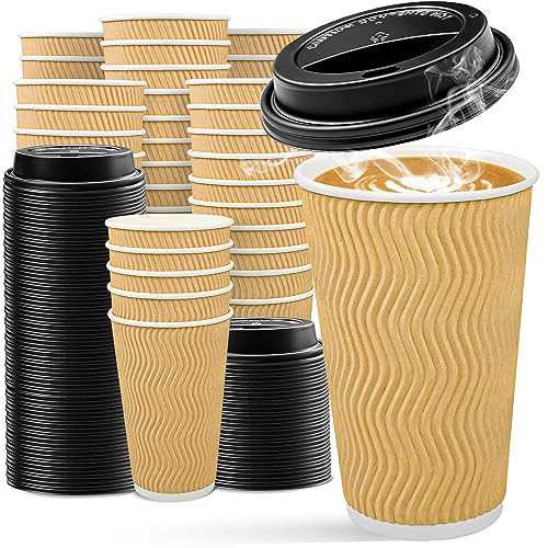 Ginkgo 100 Pack Disposable Coffee Cups with Lids 16 oz, Insulated Ripple Wall To Go Paper Cups for Party Home and Travel - Beige
