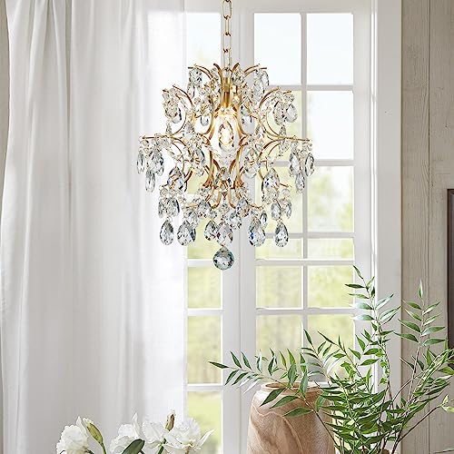 Bestier Gold Modern Pendant Chandelier Crystal Raindrop Lighting Ceiling Light Fixture Lamp for Dining Room Bathroom Bedroom Livingroom entryway 1 E26 Bulbs Required D13 in x H16 in