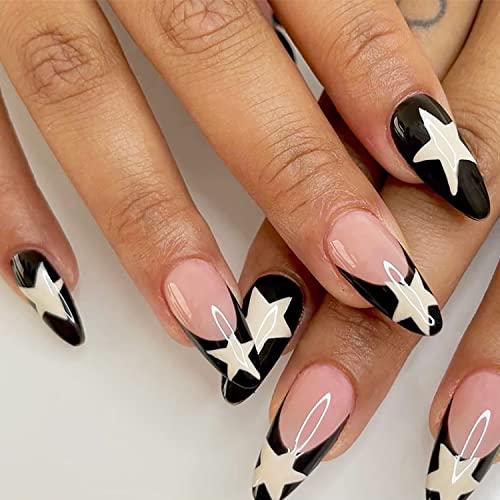 Medium Length Press on Nails Almond French Fake Nails Glossy Full Cover Glue on Nails Acrylic Star Design False Nails for Women＆Girl 24Pcs