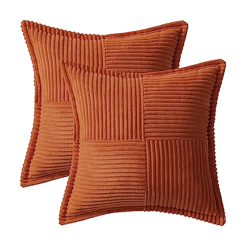 MIULEE Fall Rust Pillow Covers 18x18 Inch with Splicing Set of 2 Super Soft Boho Striped Corduroy Pillow Covers Broadside Decorative Textured Throw Pillows for Couch Cushion Livingroom