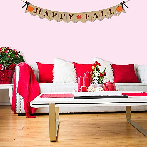 ERKOON Happy Fall Burlap Banner Happy Fall Sign Pumpkin Flag Rustic Natural Fall Harvest Banner for Autumn Home Party School Party Decoration