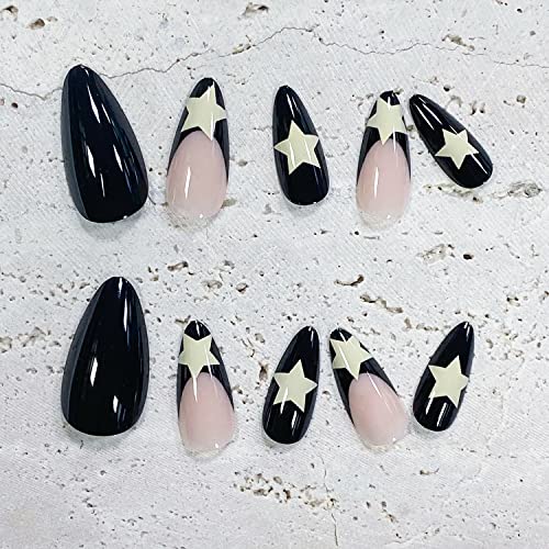 Medium Length Press on Nails Almond French Fake Nails Glossy Full Cover Glue on Nails Acrylic Star Design False Nails for Women＆Girl 24Pcs