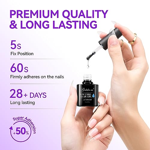 Gelike EC 2Pcs Nail Glue Gel 6 in 1 for Acrylic Nails Long Lasting, Curing Needed UV Extension Glue for False Nail Tips and Press on Nails, Nail Repair Treatment