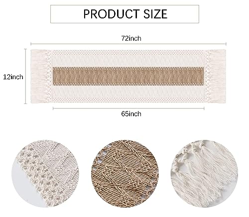 FEXIA Boho Table Runner for Home Decor 72 Inches Long Farmhouse Rustic Table Runner Cream & Brown Macrame Table Runner with Tassels for Boho Dining Bedroom Decor Rustic Bridal Shower (12x72 Inches)