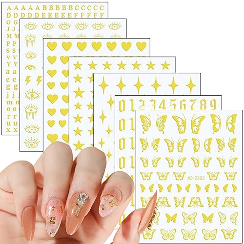 7 Sheets Gold Nail Art Stickers, Butterfly Heart Letters Numbers Stars Eyes Nail Self-Adhesive Sticker Design, 3D Gold Geometry Nail Transfer Decals for Women Girls Manicure Charms Decorations