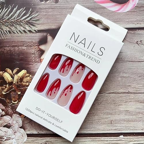 Halloween Press on Nails Almond, LPOONNDU Blood Press on Nails Halloween Medium Fake Nails, Glossy Red Glue on Nails for Women - 24Pcs Medium Almond Halloween False Nails Set