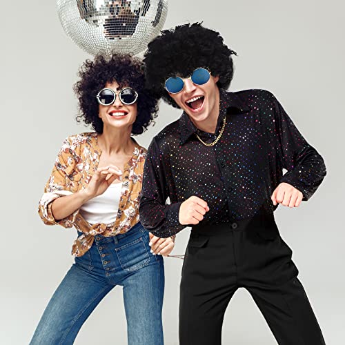 Eurzom Disco Costume Set Including Men's Disco Shiny Shirt Pant Funky Afro Wig Necklace Sunglasses for 60/70/80/90s Party (Normal Style, XXL)