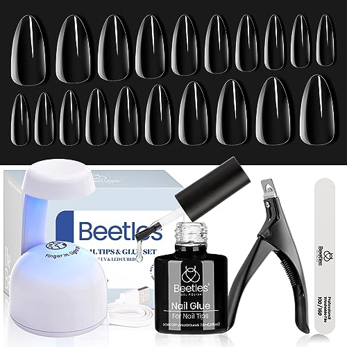 Beetles Gel Nail Kit Easy Nail Extension Set 5 In 1 Nail Glue Gel Base Coat with Pre shaped Medium Almond Soft Gel Nail Tips and Led Nail Lamp Acrylic Nail Clipper for Nail Art Diy Home