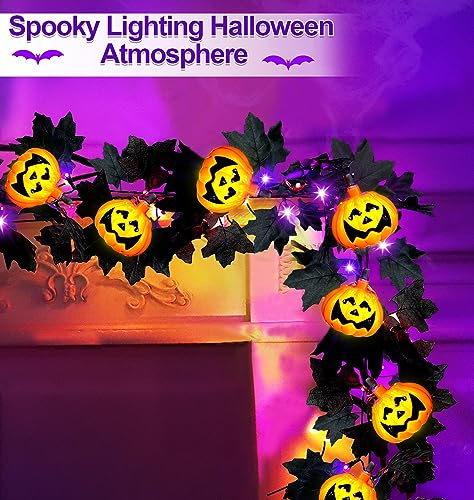 [Orange & Purple Lights] 2 Pack Black Halloween Garland Lights with 3D 20 Pumpkin Halloween Decorations Total 16.4Ft 40LED Black Maple Leaf Lights Hanging Garlands Battery Operated Home Indoor Home