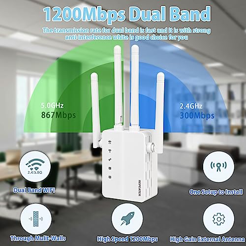 WiFi Extender, 5G 1200Mbps Dual Band WiFi Extenders Signal Booster for Home, Device Servers WiFi Booster Covers Up to 7000 Sq.ft and 20 Devices, 1200Mbps Wireless Signal Repeater with Ethernet (White)