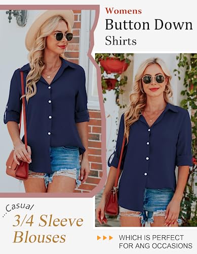 Business Casual Tops for Women,Cute Spring Summer Half Sleeve Button Down Shirts Dressy Casual Curved Hem Blouses Teacher Business Casual Outfits Elegant Wrinkle Free Work Blouses Navy Blue