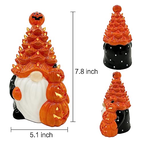 Ceramic Gnome Halloween Decorations, Orange Gnome Ceramic Tree Lighted, Light up Pumpkin Gnome Table Decor, Black Decor Bedroom Indoor, Halloween Centerpieces for Tables Gnome