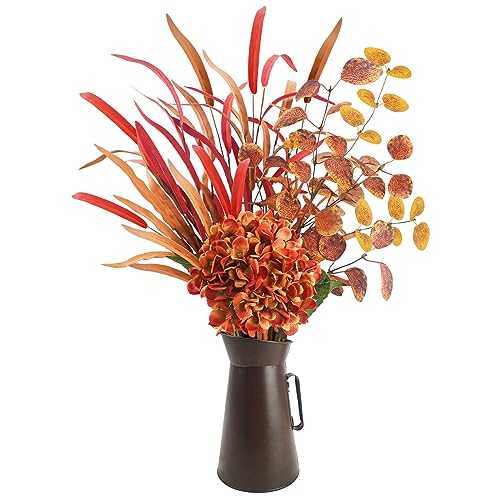 unlemoni Artificial Fall Flowers with Metal Pot, Orange Silk Fall Leaves Stems with Hydrangea & Eucalyptus for Autumn Thanksgiving Flowers Arrangement Wedding Table Centerpiece Fall Home Decorations