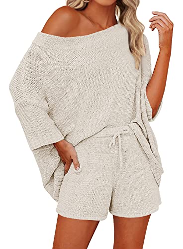 Mafulus Women's 2 Piece Outfits Sweater Sets Off Shoulder Knit Top Shorts Matching Suits Cute Pajama Lounge Set