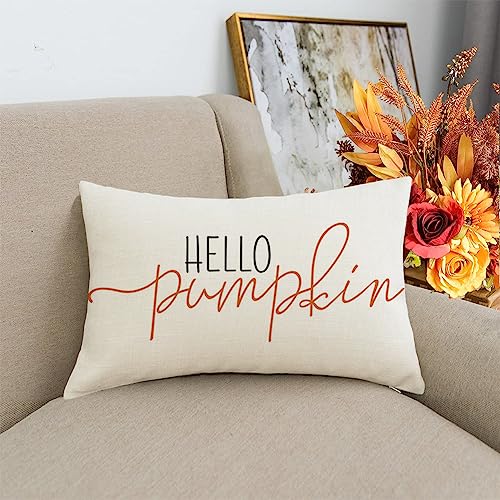 RABUSOFA Fall Throw Pillows Covers 12x20 Inch,Autumn Hello Pumpkin Pillows Decorative Throw Pillows,Lumbar Outdoor Thanksgiving Cushion Cover Farmhosue Fall Decor for Bedroom Couch Sofa White