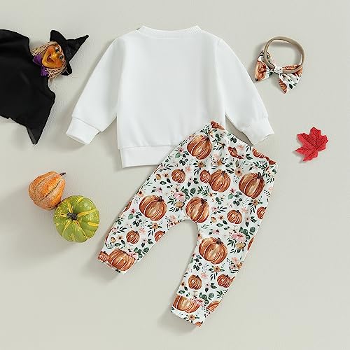 PUHHAPIEY Baby Girl Winter Clothes Pumpkin Crewneck Sweatshirts Flower Sweatpants Headband Toddler Fall Halloween Outfits (Little Pumpkin White, 18-24 Months)