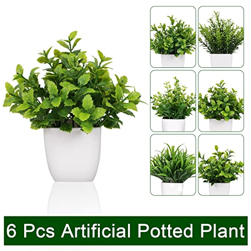 Yoratee 6 Pot Small Fake Plant Flowerpot Artificial Plastic Eucalyptus Plant Wheat Grass Shrub Plant Indoor Desk Coffee Table Bathroom Bedroom Home Decoration (6)