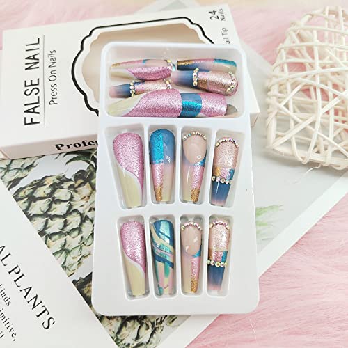 Extra Long Press on Nails Coffin Fake Nails Full Cover False Nails with Colorful Sequins Designs Acrylic Stick on Nails Rhinestones Matte with Glue on Nails for Women 24Pcs