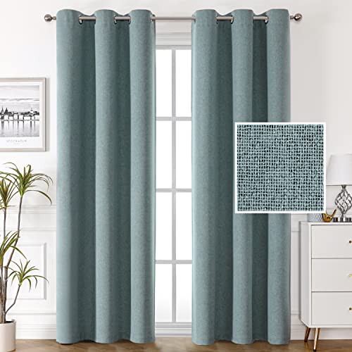 100% Blackout Faux Linen Curtains 84 inches Long Thermal Insulated Curtains for Living Room Textured Burlap Drapes for Bedroom Grommet Linen Noise Blocking Curtains 42 x 84 Inch, 2 Panels - Stone Blue