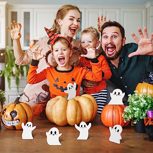 6 Pcs Halloween Decorations White Ghost Miniature Wooden Signs Cute Distressed Cutouts Whimsical Fall Table Centerpieces for Manterl Shelf Tiered Tray Home Kitchen Party Decor