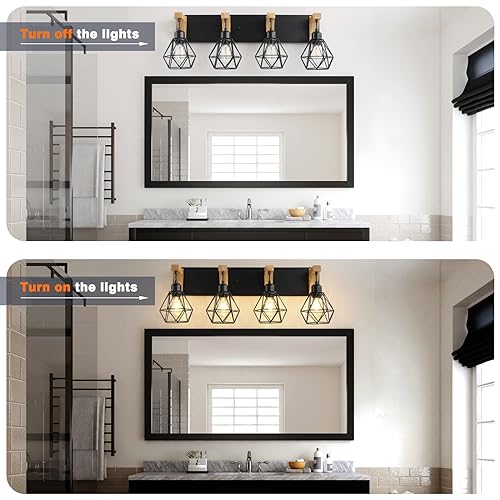 4-Light Farmhouse Vanity Light for Bathroom, Wood Bathroom Light Fixtures Over Mirror, Rustic Sconces Wall Lighting with Elegant Metal Lampshade for Living Room, Bedroom, Hallway