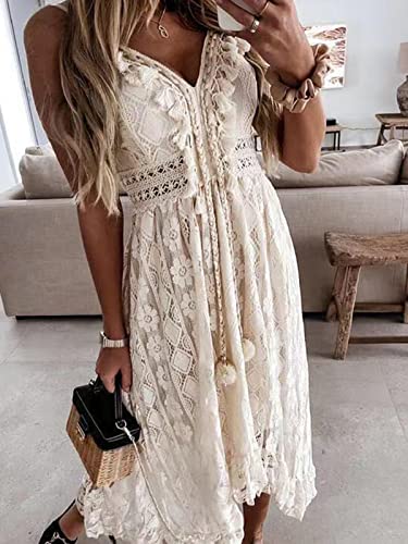 CUPSHE Womens Sleeveless V-Neck Tassel Ruching Dress Lace Up Smocking Ruffle Maxi Dress, X-Small, Beige