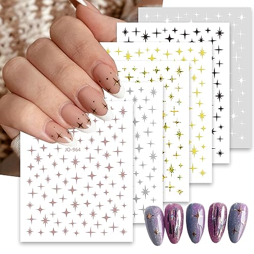 6 Sheets Silver Star Nail Art Stickers Decals 3D Stars Self-Adhesive Laser Gold Black White Nail Stickers with 4 Point Rose Gold Stars Nail Designs Nail Art Supplies for Women Girl Nail Decorations