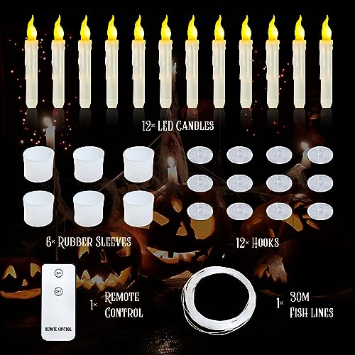 KUKIKUKI 12PCS Batteries Operated Taper Candles with Remote, Flameless Taper Window Candles Flickering Warm White Light,Led Hanging Candlesticks for Party Halloween Christmas Church Home