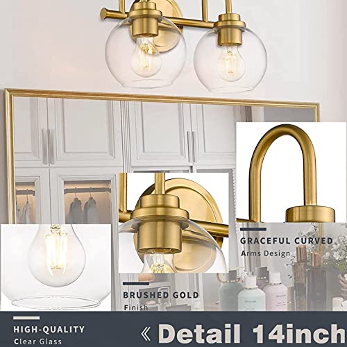 OUVR Gold Bathroom Light Fixtures 2 Light Vanity Lights Over Mirror with Clear Glass Lamps Shades Bathroom Lighting for Mirror Kitchen Bedroom Hallway Living Room (Without Bulbs)