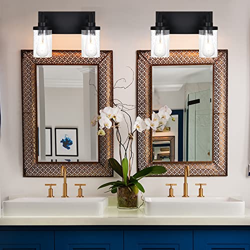 TULUCE Bathroom Vanity Light,2 Light Vanity Light Fixtures Modern Black Wall Sconces Lighting with Seeded Glass Shade Wall Mounted Lights for Mirror, Living Room, Bedroom, Hallway, Dresser