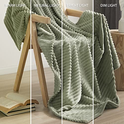 Geniospin Throw Blanket for Couch, Bed, Sofa – 280GSM Super Soft Lightweight Blanket with Strip, 3D Ribbed Jacquard , Plush Fuzzy Cozy Throws, Warm and Breathable (Sage Green, 50x60 inches)