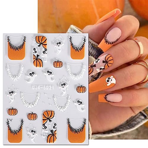 JMEOWIO 3D Embossed Halloween Nail Art Stickers Decals Self-Adhesive Pegatinas Uñas 5D Cute Pumpkin Ghost Flower Spook Nail Supplies Nail Art Design Decoration Accessories 4 Sheets