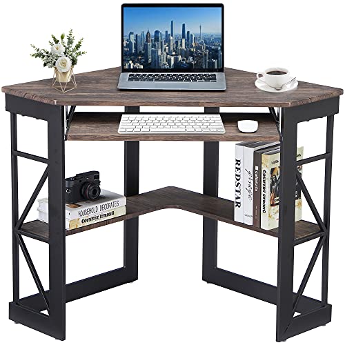 VECELO Corner Computer Desk 41 x 30 inches with Smooth Keyboard & Storage Shelves for Home Office Workstation, Rustic Natural Brown