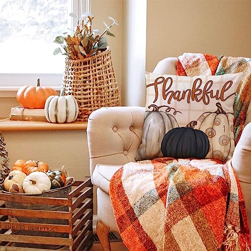 DFXSZ Fall Pillow Covers 18x18 inch Set of 4 Buffalo Plaid Fall Blue Pumpkin Throw Pillow Cover Autumn Thanksgiving Decoration for Home Couch Bed