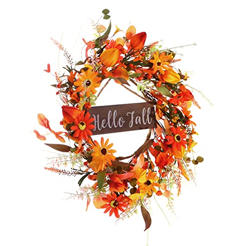 Artificial Fall Wreath with “Hello Fall” Sign,20” Autumn Front Door Wreath Fall Flower Wreath with Pumpkin and Berry for Home Farmhouse Wall Window and Thanksgiving Decor-Beautiful Gift Box Included