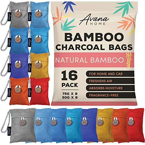 (16 Pack) Bamboo Charcoal Air Purifying Bag - Charcoal Bags Odor Absorber, for Car, Home & Shoes - Activated Charcoal Odor Absorber, Fragrance-Free Bamboo Charcoal Odor Eliminator (8x75g, 8x50g)