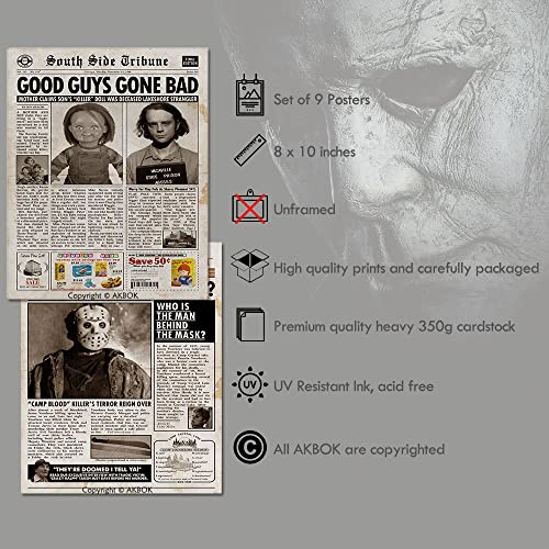 AKBOK Vintage Horror Movie Newspaper Article Poster Classic Scary Movie Character Poster Newspaper Art Prints Home Theater Set for Man Cave Living Room Bedroom 8”X 10” Unframed 9Pcs