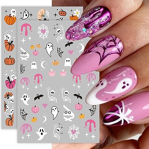 Cute Halloween Nail Art Stickers Pink Pumpkin Nail Stickers for Nail Art, 3D Self-Adhesive Spider Web Decals Stickers Star Skeleton Design Nail Supplies for Manicure Acrylic Nail Decoration 6 Sheets