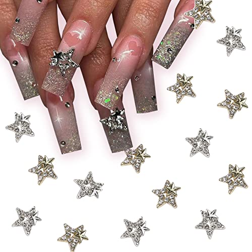 Baoximong 30 PCS Star Nail Art Charms Gold Silver Nail Charms for Acrylic Nails 3D Nail Art Supplies Rhinestones Shiny Gems Crystals Jewelry Design Nail Accessories for Women Nail Decorations