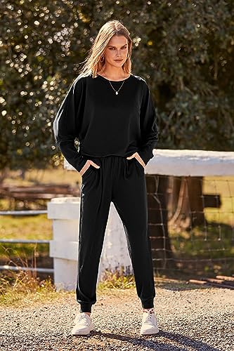 PRETTYGARDEN Women's 2023 Fall Fashion Outfits 2 Piece Sweatsuit Solid Color Long Sleeve Pullover Long Pants (Black,X-Large)