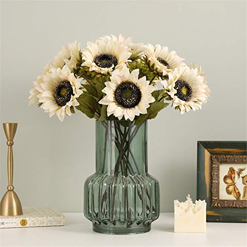 Hawesome White Sunflowers Artificial Flowers 7 Pcs Faux Silk Sunflowers Bouquet Fake Real Touch Long Stems Floral for Wedding Party Centerpieces Home Decoration(Autumn White)