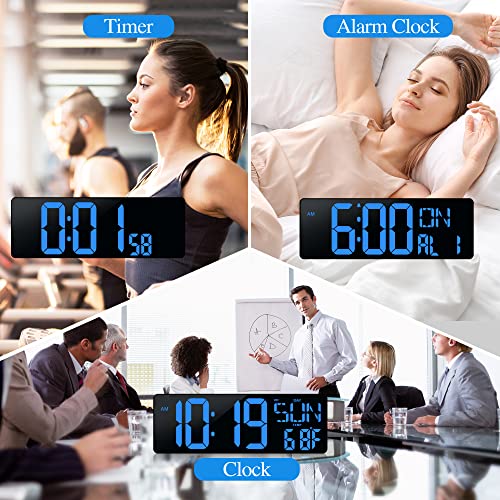 Large Digital Wall Clock with Remote Control 17.2" LED Large Display Timer with Temperature Date Week Auto DST Adjustable Brightness, Big Wall Alarm Clock for Living Room Office Garage Gym Seniors