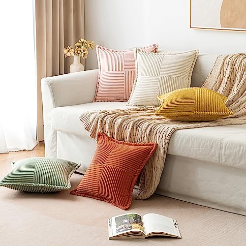 MIULEE Fall Rust Pillow Covers 18x18 Inch with Splicing Set of 2 Super Soft Boho Striped Corduroy Pillow Covers Broadside Decorative Textured Throw Pillows for Couch Cushion Livingroom