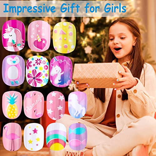 144 Pieces Press on Nails Grils, Thrilez Children Fake Artificial False Nail Tips Pre Glue Full Cover Short Acrylic Nails for Girls Kids Nail Art Decoration (Rainbow Sky)