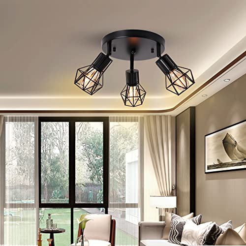 BANGANMA 3-Light Flush Mount Ceiling Light Fixture, Industrial Kitchen Light Fixtures Ceiling, E26 Black Farmhouse Ceiling Light Fixture Black for Dining Room Hallway Entryway