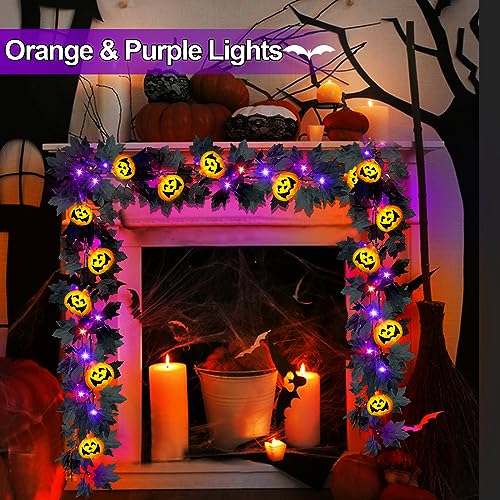 [Orange & Purple Lights] 2 Pack Black Halloween Garland Lights with 3D 20 Pumpkin Halloween Decorations Total 16.4Ft 40LED Black Maple Leaf Lights Hanging Garlands Battery Operated Home Indoor Home